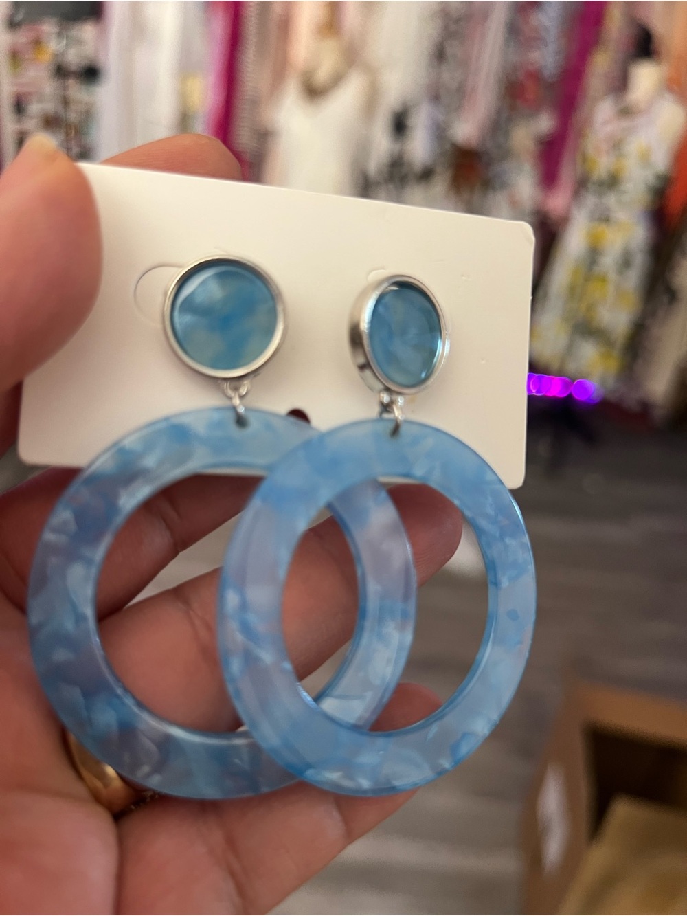 Marbled Light Blue Resin Hoop Drop Earrings
